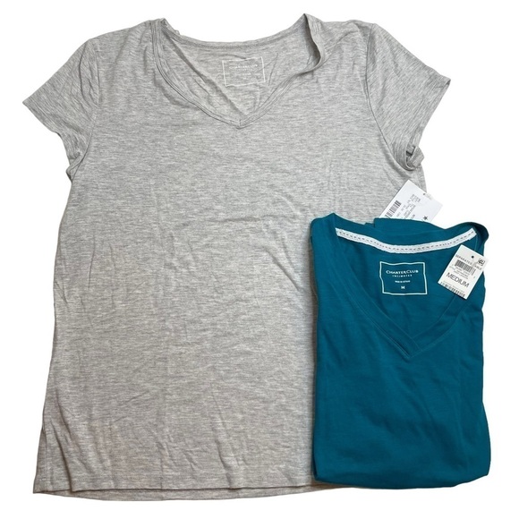 Charter Club Intimates V-Neck Pajama Shirts Bundle Grey & Deep Lagoon Teal Blue - Picture 1 of 10
